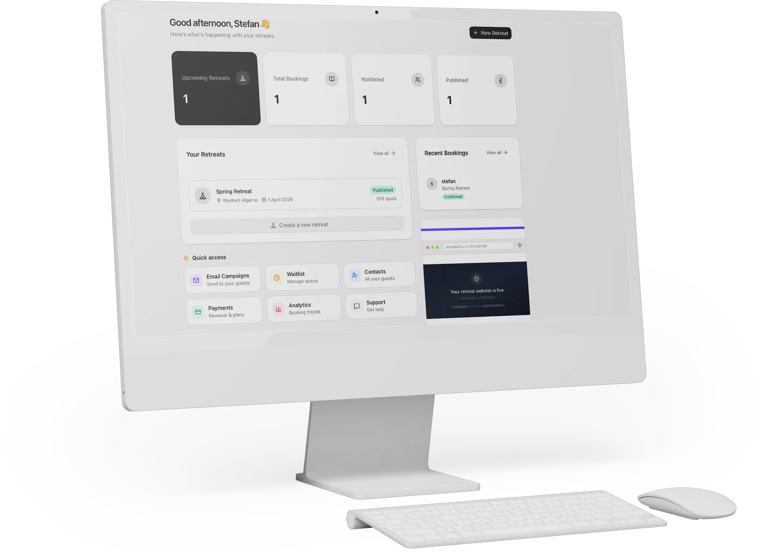 HostMate.cc host dashboard showing retreat management, bookings and quick access cards